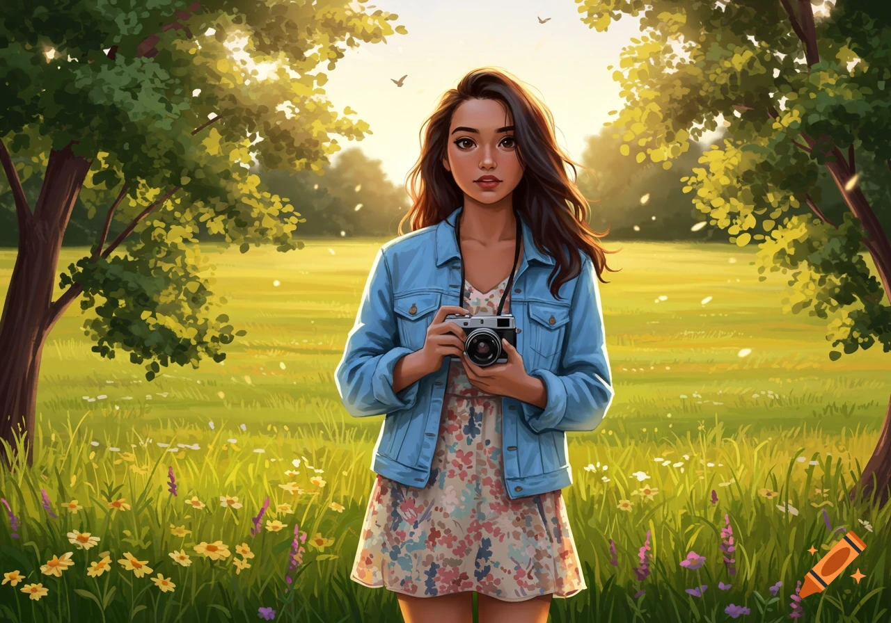 A brown-haired young woman in a denim jacket and floral dress holds a camera in a sunny field with trees and flowers, digital illustration.