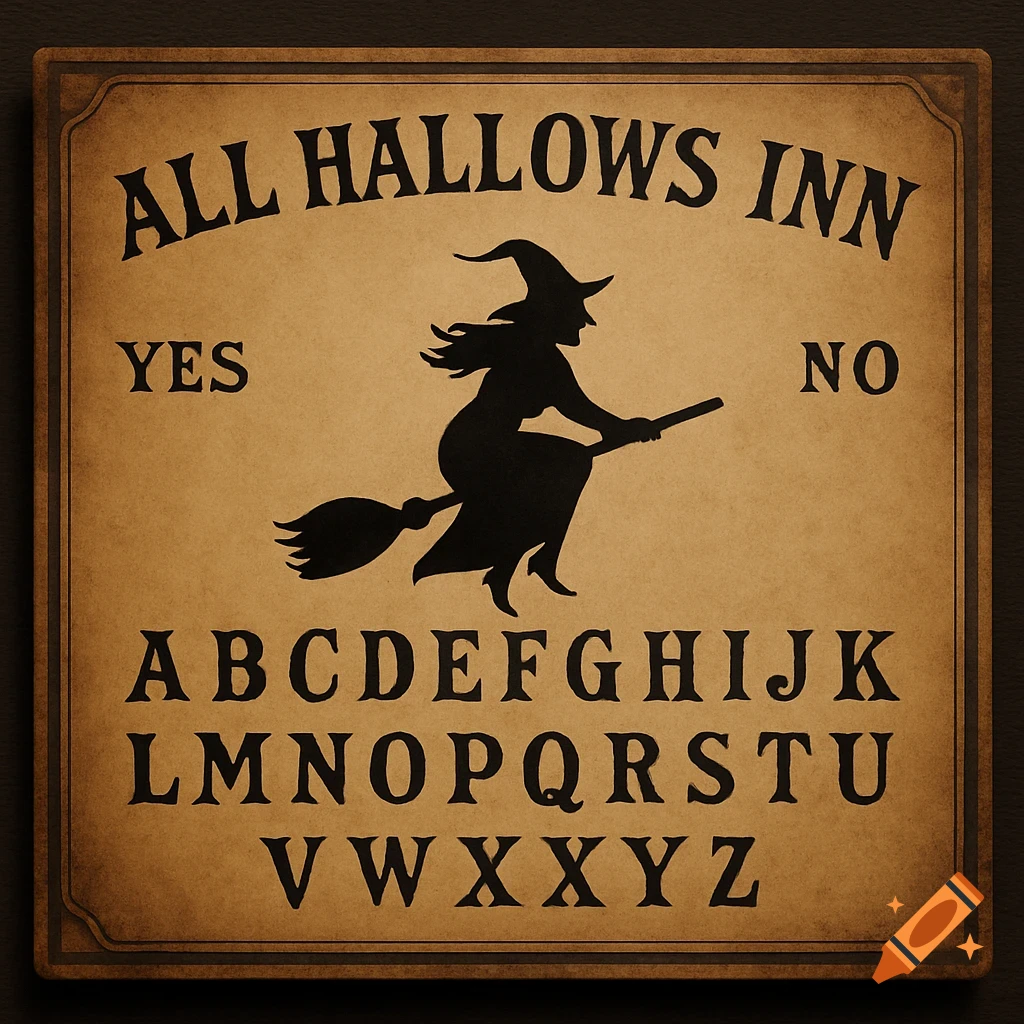 A vintage-style spirit board with a brown background, featuring a black silhouette of a witch flying on a broom. The board has "ALL HALLOWS INN" at the top, "YES" and "NO" on either side of the witch, and the alphabet in three rows below.
