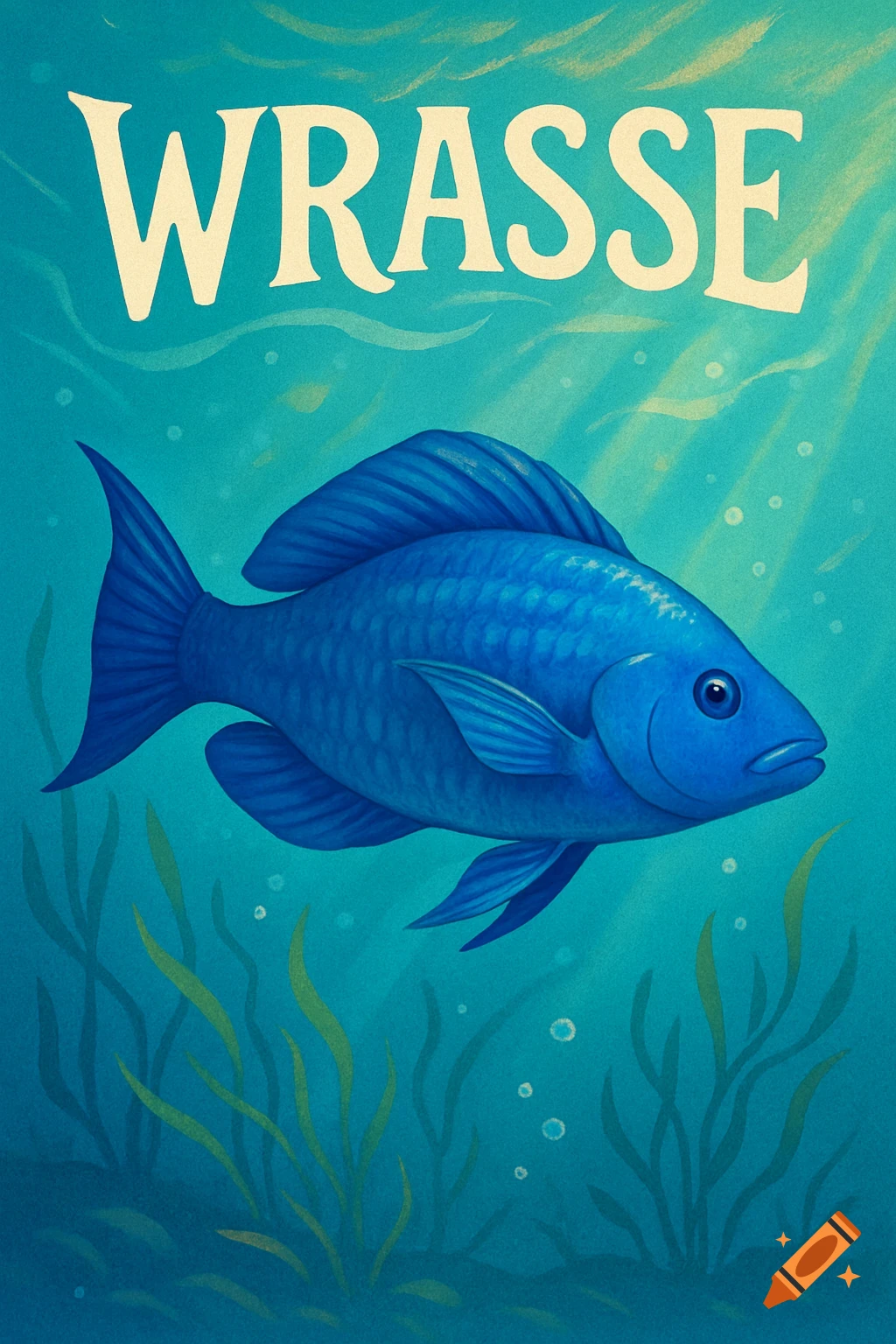 A blue fish swims in teal water with green seaweed and light rays, with the word 'WRASSE' in white text above it.