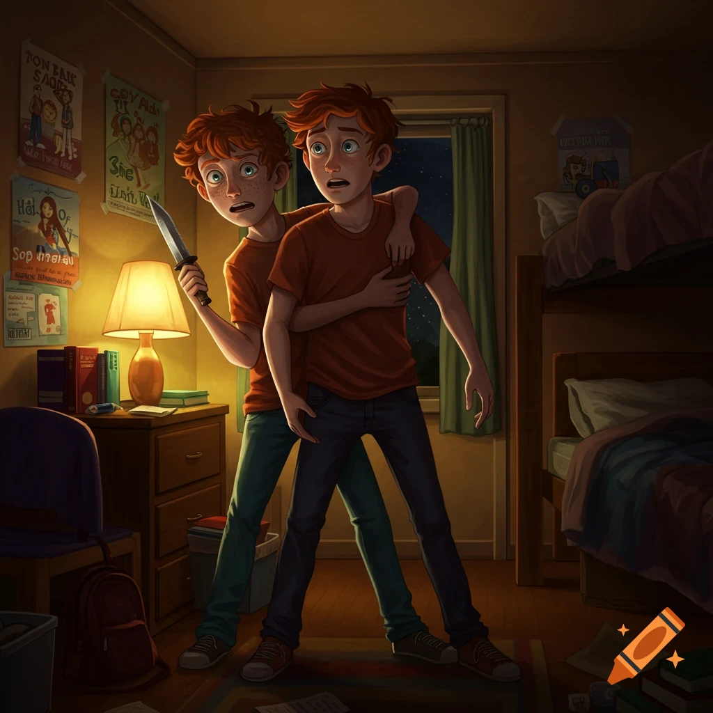 Two ginger-haired young men in a dark dorm room, one holding a knife behind the other's back. Illustrated style.