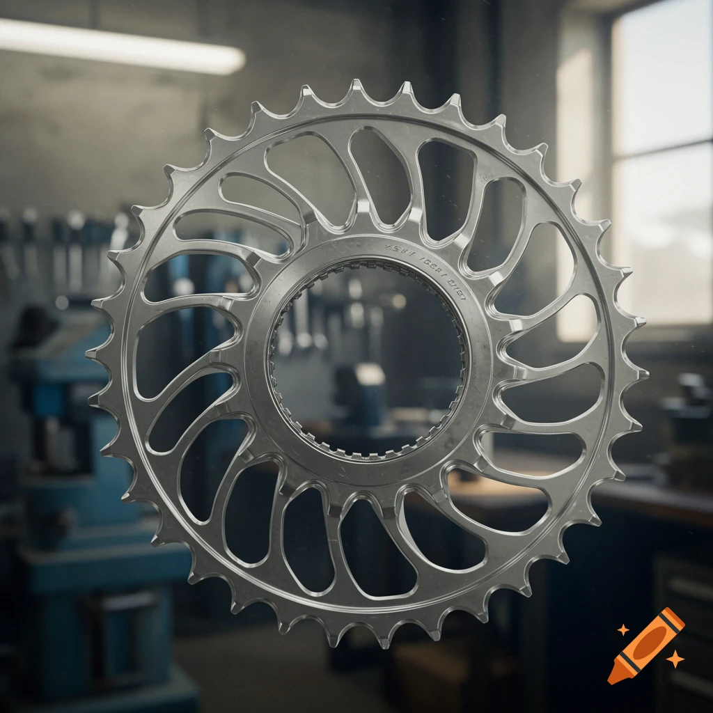 A close-up, photorealistic image of a shiny, metallic bicycle sprocket in a workshop.