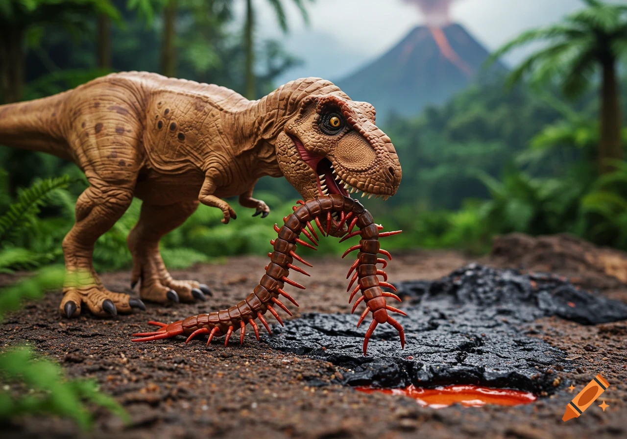 Clay model miniature T-rex eating a centipede in a jungle with an erupting volcano.