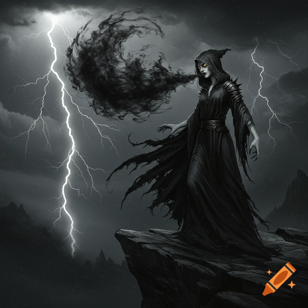A dark fantasy illustration shows a witch in a black cloak exhaling a cloud of dark smoke, standing on a cliff during a lightning storm.