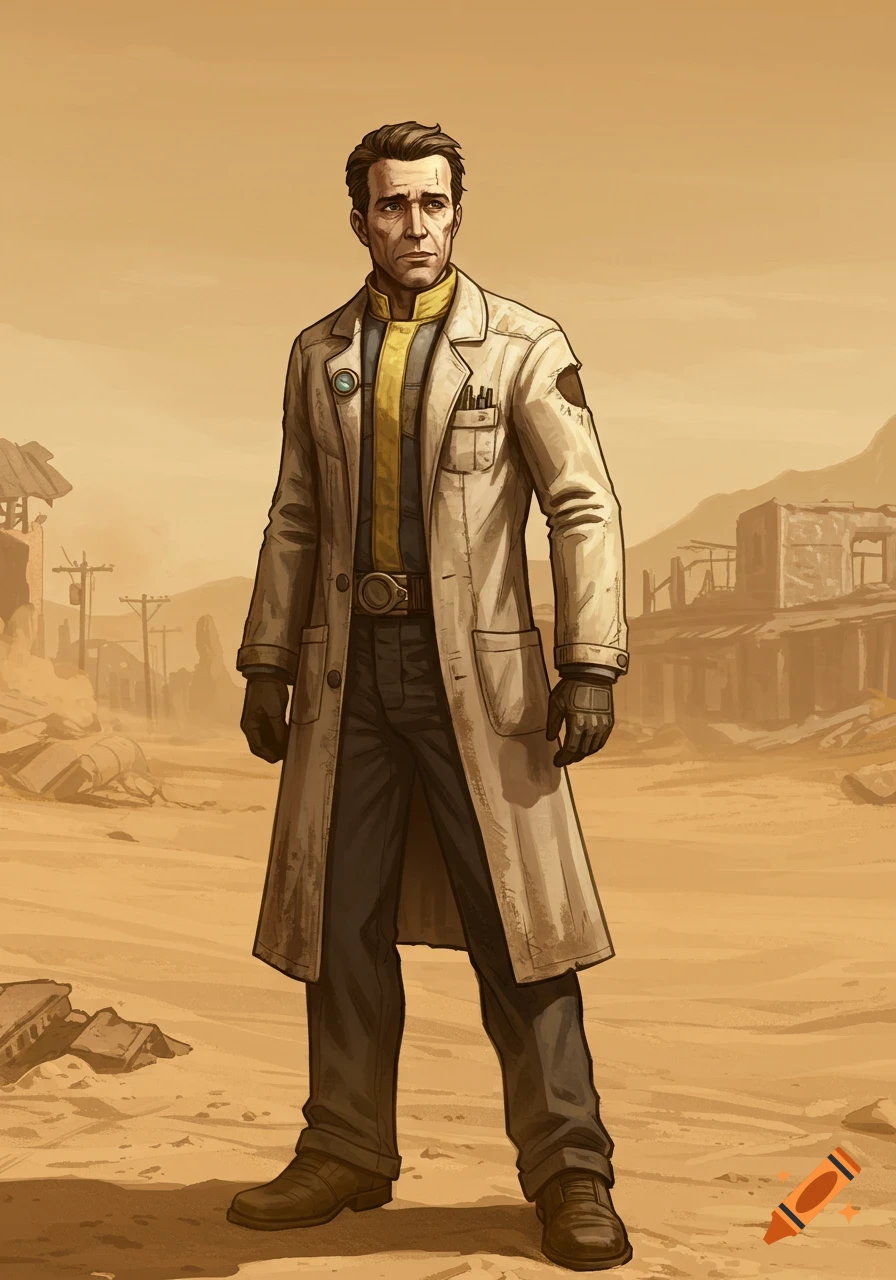 An illustrated man in a white lab coat and yellow tie stands in a desert wasteland.