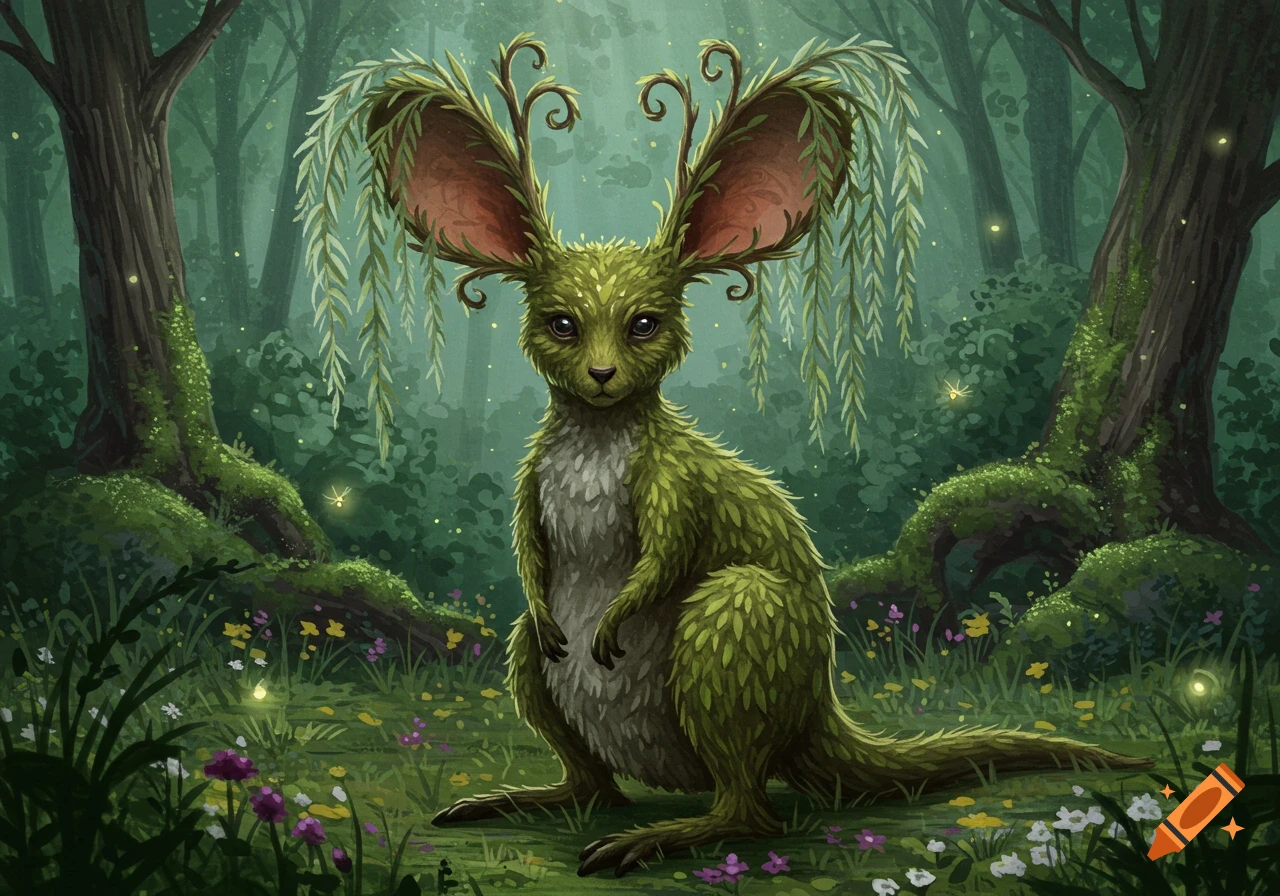 A fantastical green wallaby-like creature with large willow-leaf ears stands in a magical forest filled with fireflies and mossy trees.