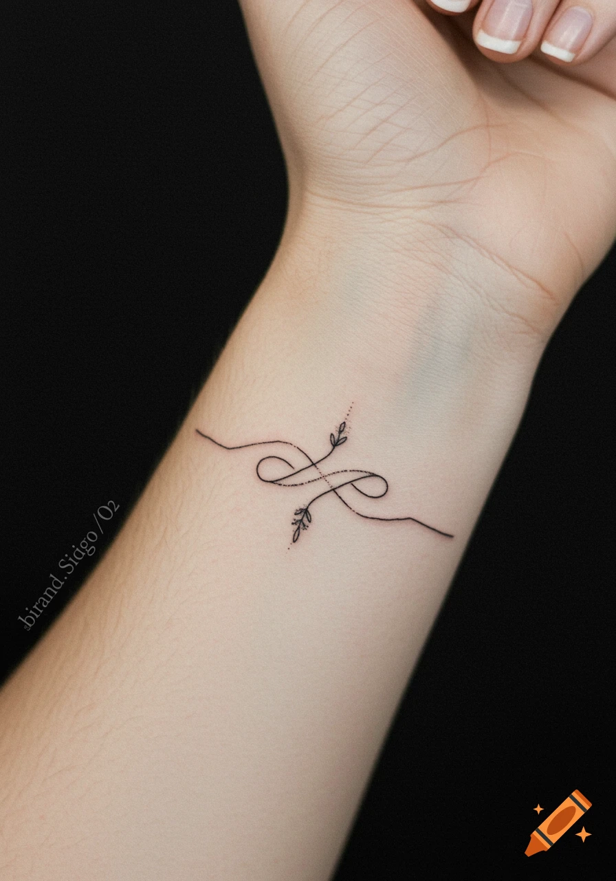 A minimalist tattoo of an infinity symbol intertwined with leafy branches on a person's wrist.