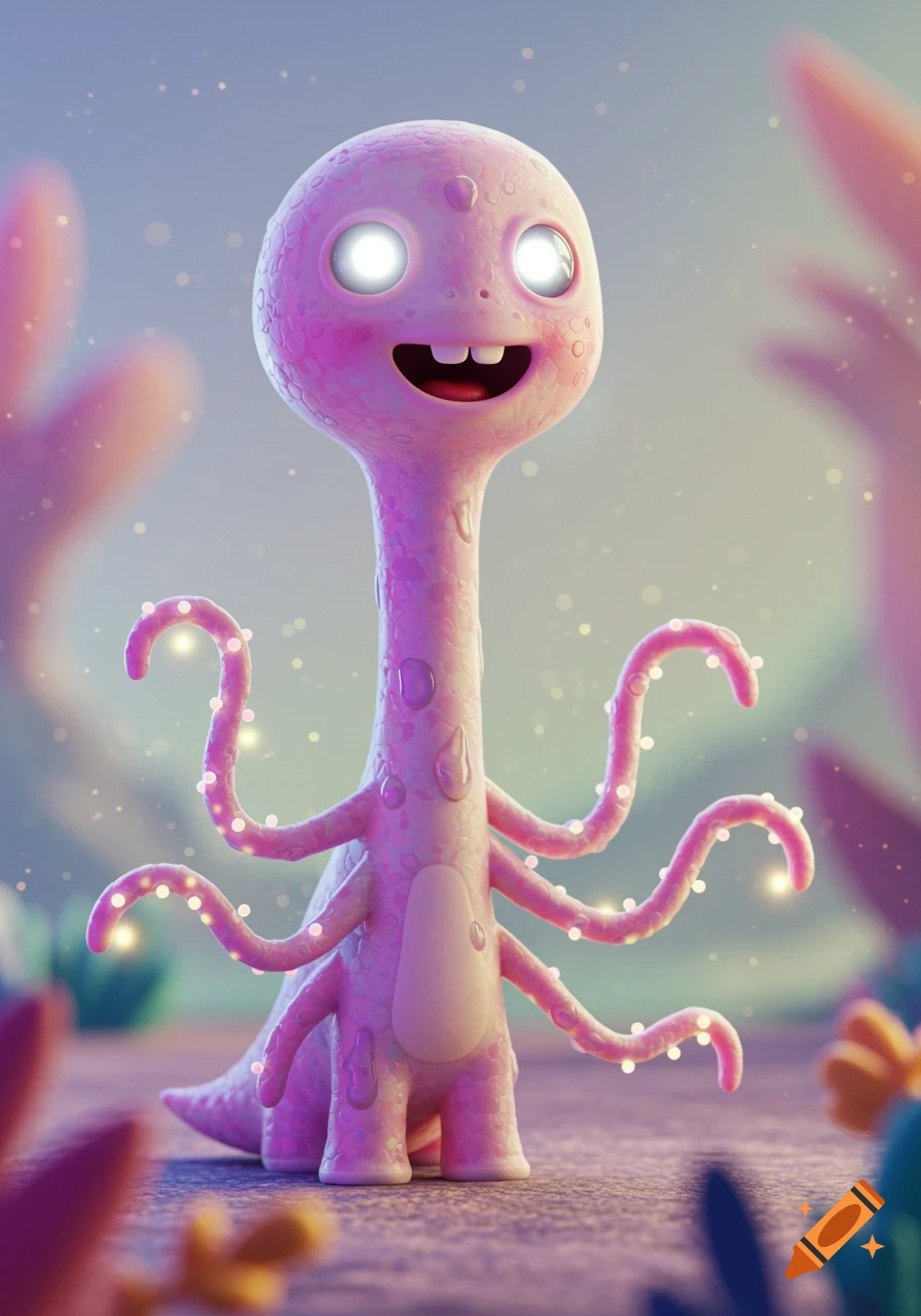 A cute, smiling pink alien with glowing white eyes, a tall neck, and sparkling tentacles stands in a blurry, magical, light-filled environment.