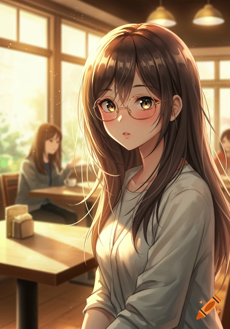 An anime girl with long brown hair and glasses looks towards the viewer in a sunlit cafe.