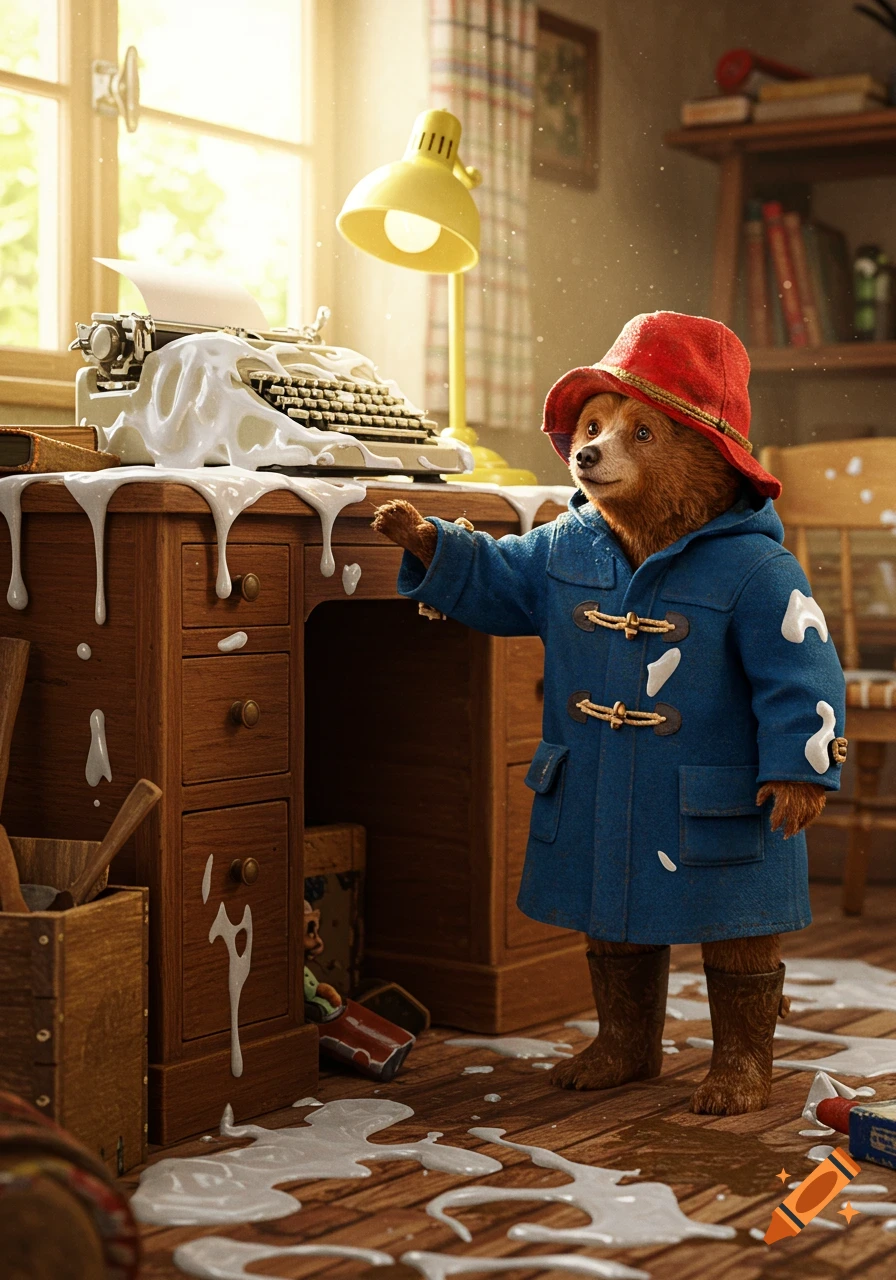 Photorealistic Paddington Bear in a red hat and blue coat, covered in white goo, next to a glue-covered typewriter and messy floor.