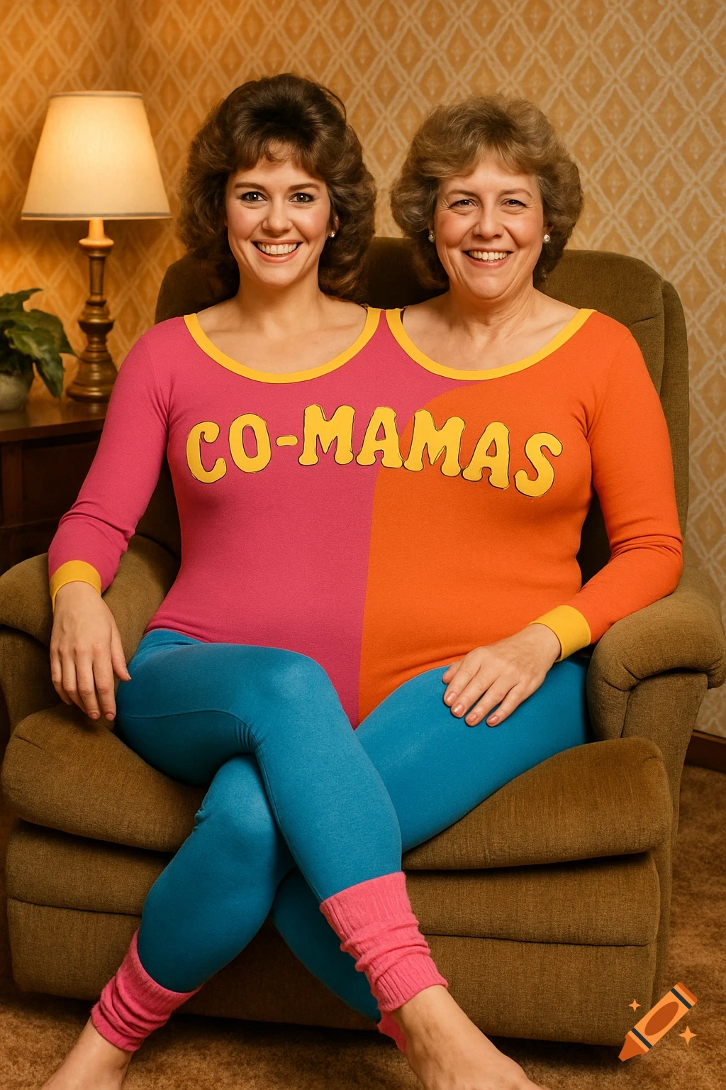 Two women in a pink and orange 'Co-Mamas' novelty leotard sit on a chair, creating a two-headed illusion.