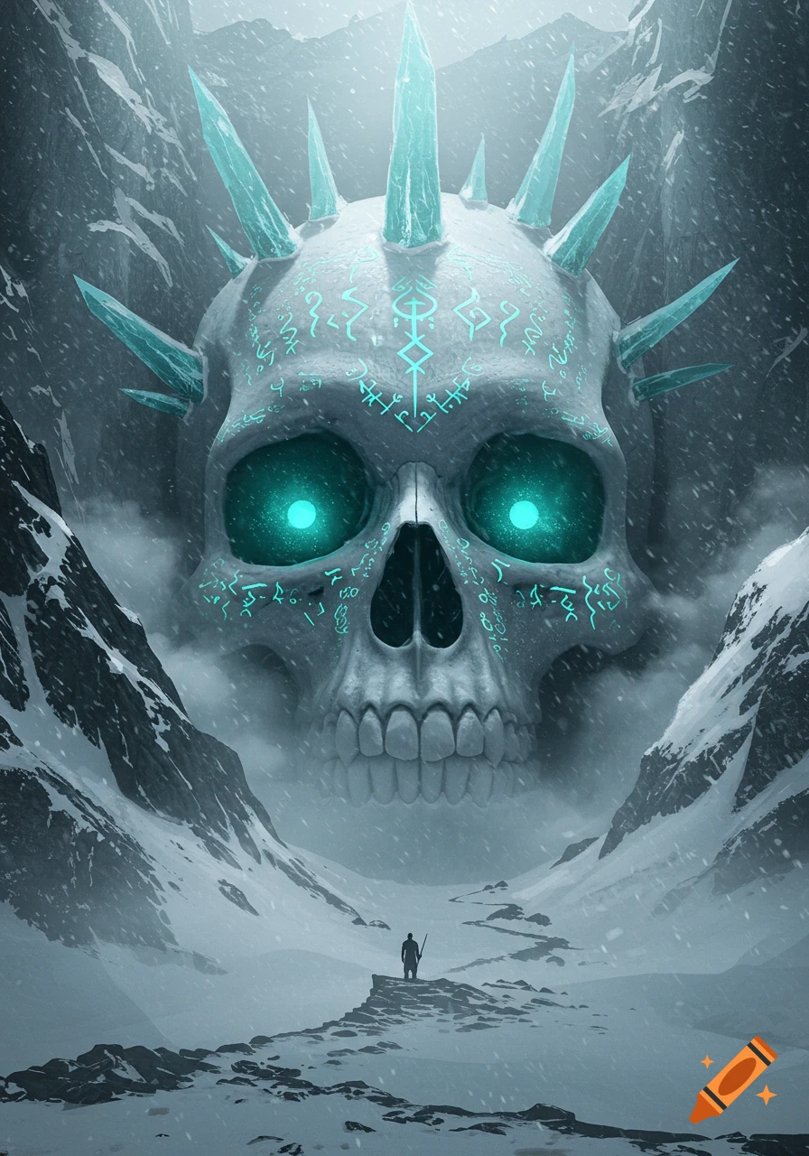 A colossal skull with glowing blue eyes and icy spikes towers over a snowy mountain pass, with a small figure looking up at it.