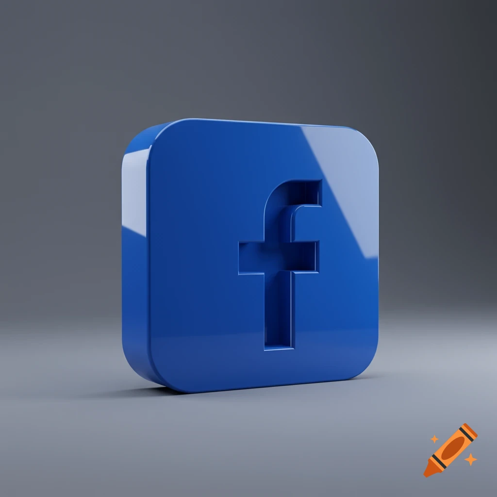 A glossy 3D rendering of the blue Facebook 'f' icon on a grey background.
