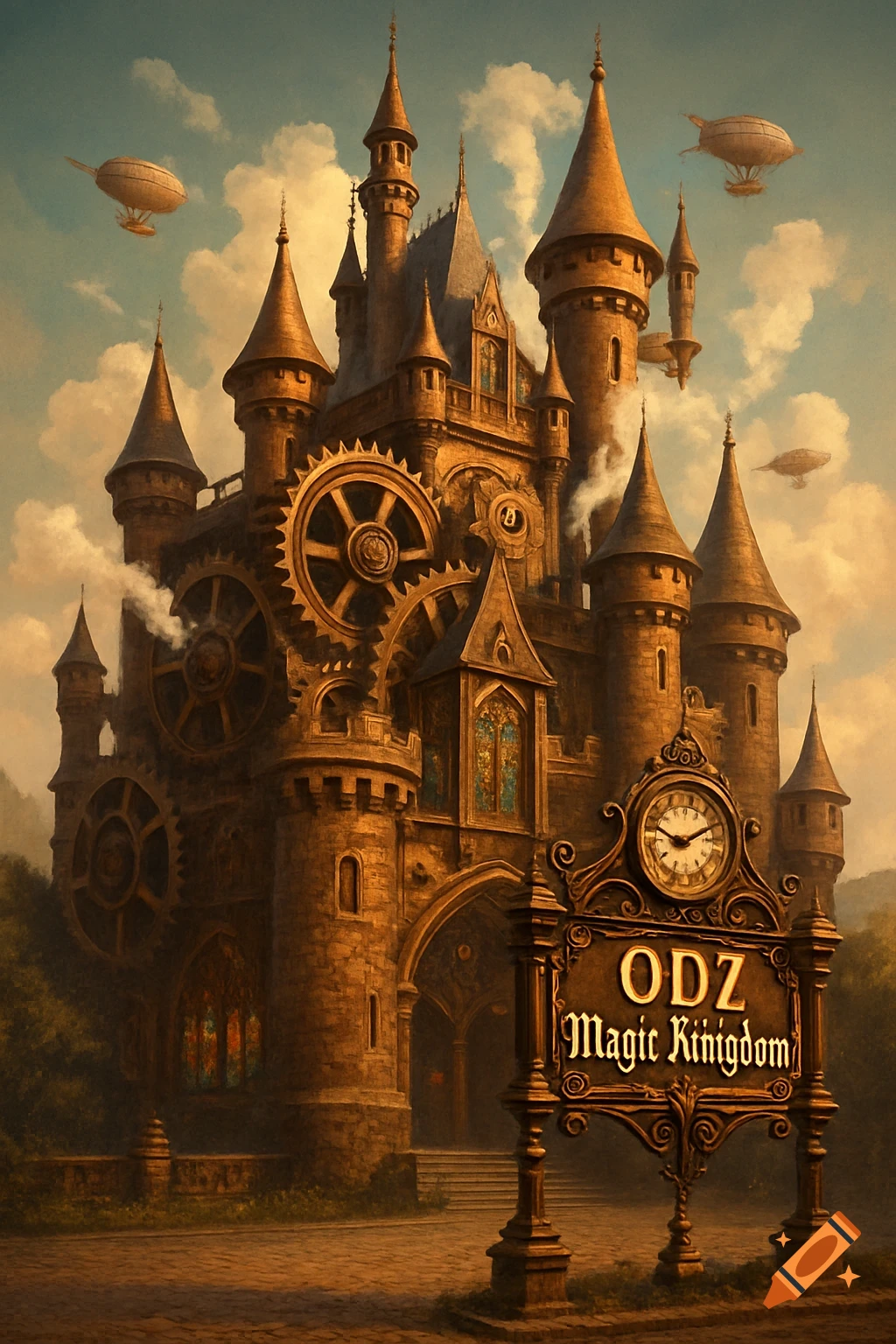 A detailed steampunk castle with gears and spires, airships in the sky, and a sign reading 'ODZ Magic Kinigdom' in the foreground.