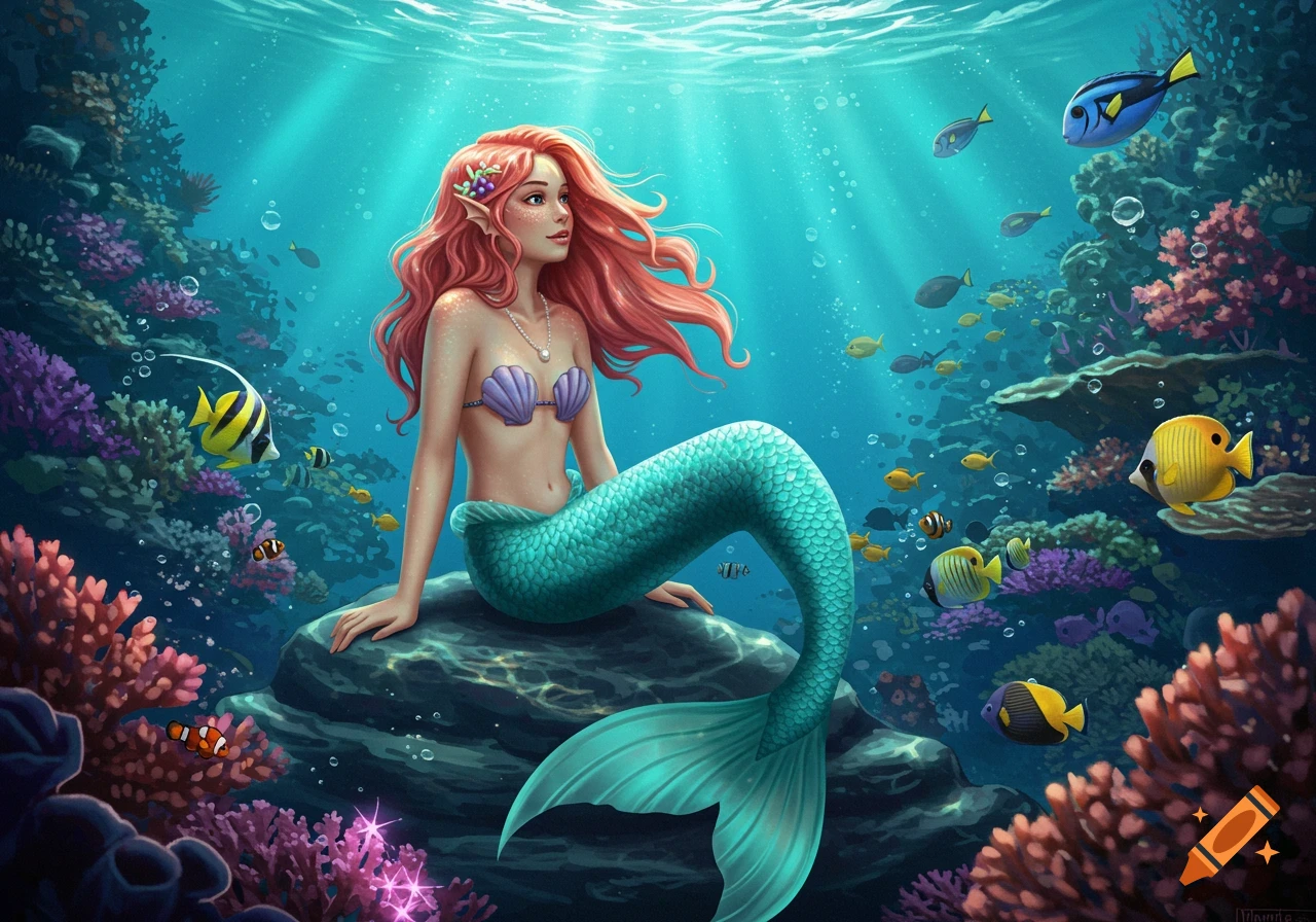 A mermaid with coral hair and a teal tail, wearing a lavender shell top, sits on a rock in a vibrant coral reef with tropical fish.