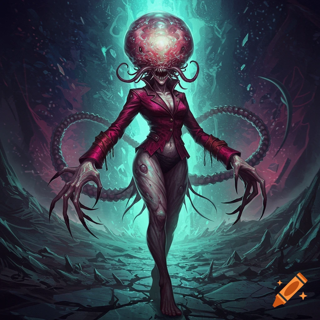 A female monstrosity with a bulbous, glowing red head, sharp teeth, and long claws, wearing a red jacket and black briefs, walking in a dark, alien landscape with teal lighting.