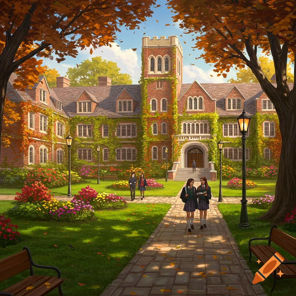 An autumn view of a prestigious private high school campus with students and vibrant fall foliage.