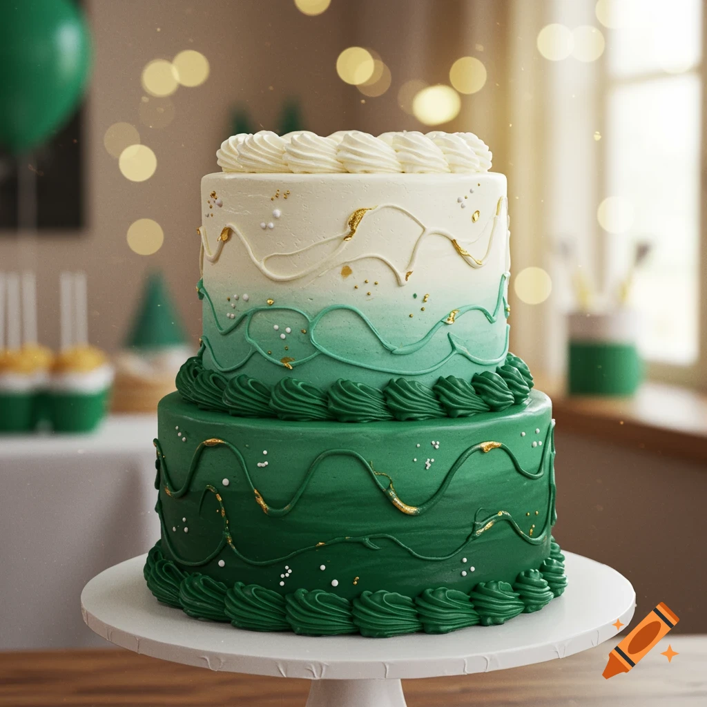 A two-tier emerald green and white ombr eswirl cake with gold flecks and white sprinkles sits on a white cake stand.