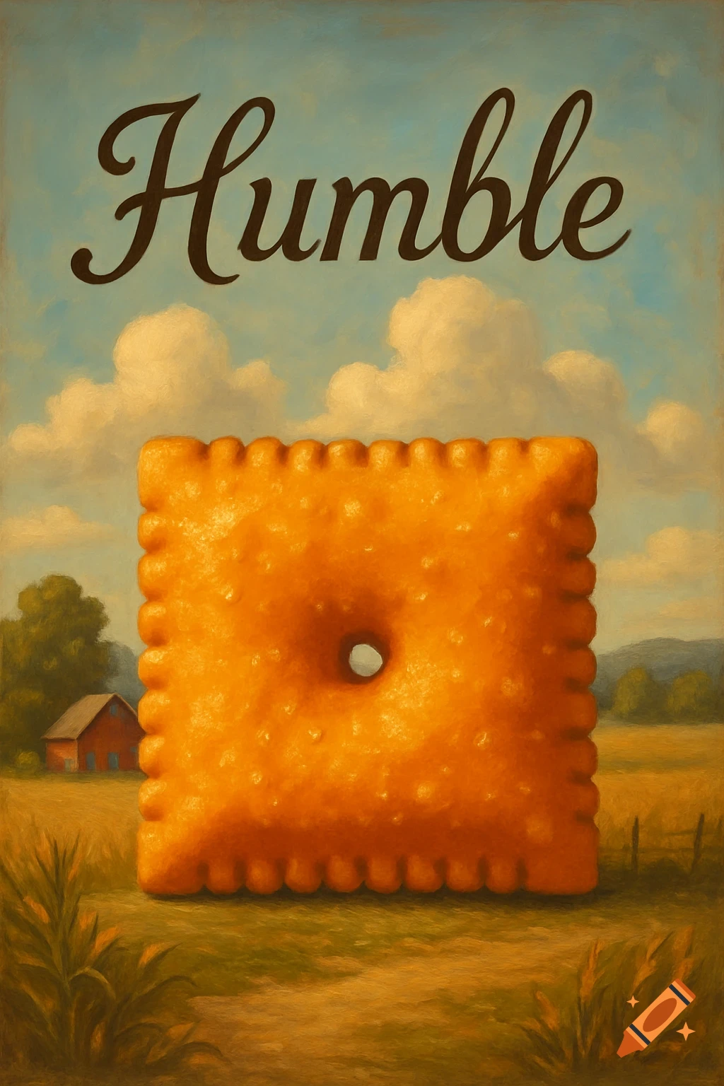 A painting of a giant cracker with the word "Humble" above it, in a rural landscape with a farm building and fields under a cloudy sky.