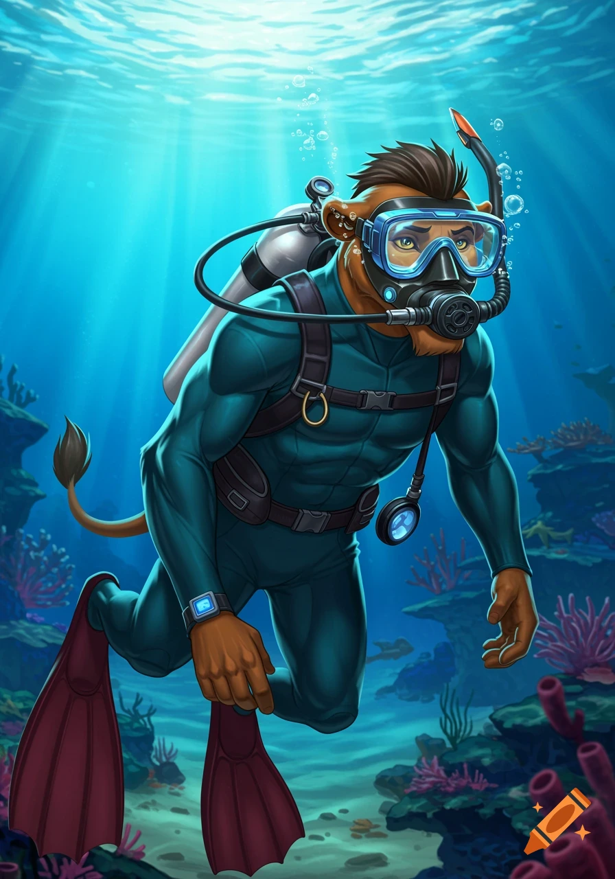 An anthropomorphic lion in a dark teal wetsuit and maroon fins scuba dives through a colorful underwater coral reef.