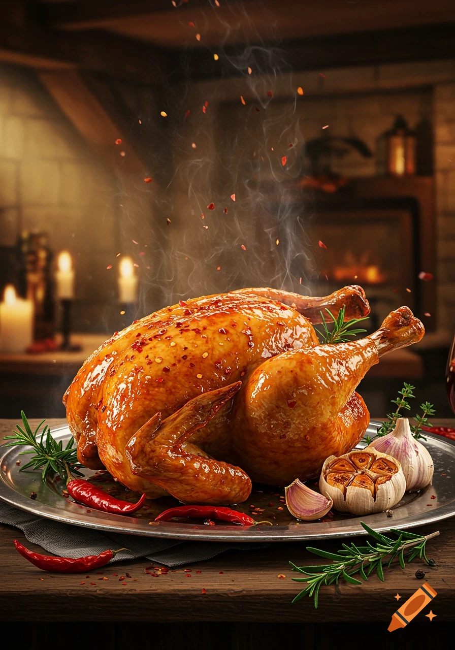 A steaming roasted chicken on a silver platter with red chilies, garlic, and rosemary in a warm, rustic setting.
