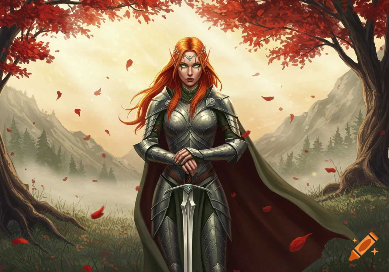 A red-haired female Elven soldier in shining armor stands holding a sword in an autumn forest with red leaves.