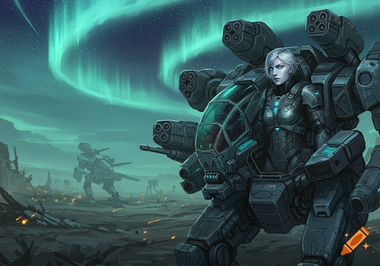 A woman in futuristic power armor stands next to a large mech suit on an alien planet under a vibrant aurora, with other mechs in the background.
