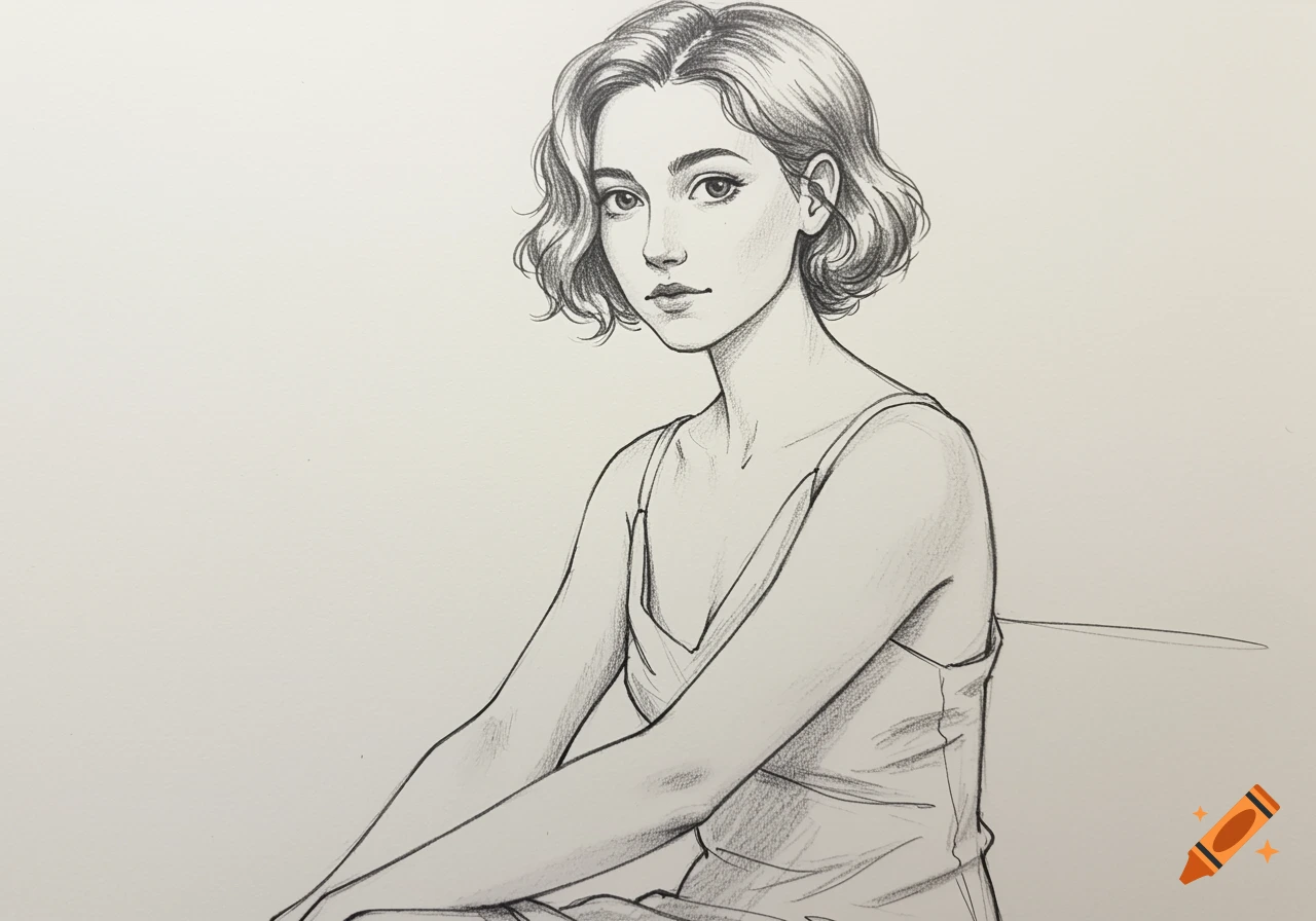 Pencil sketch of a young woman with short wavy hair, wearing a camisole.