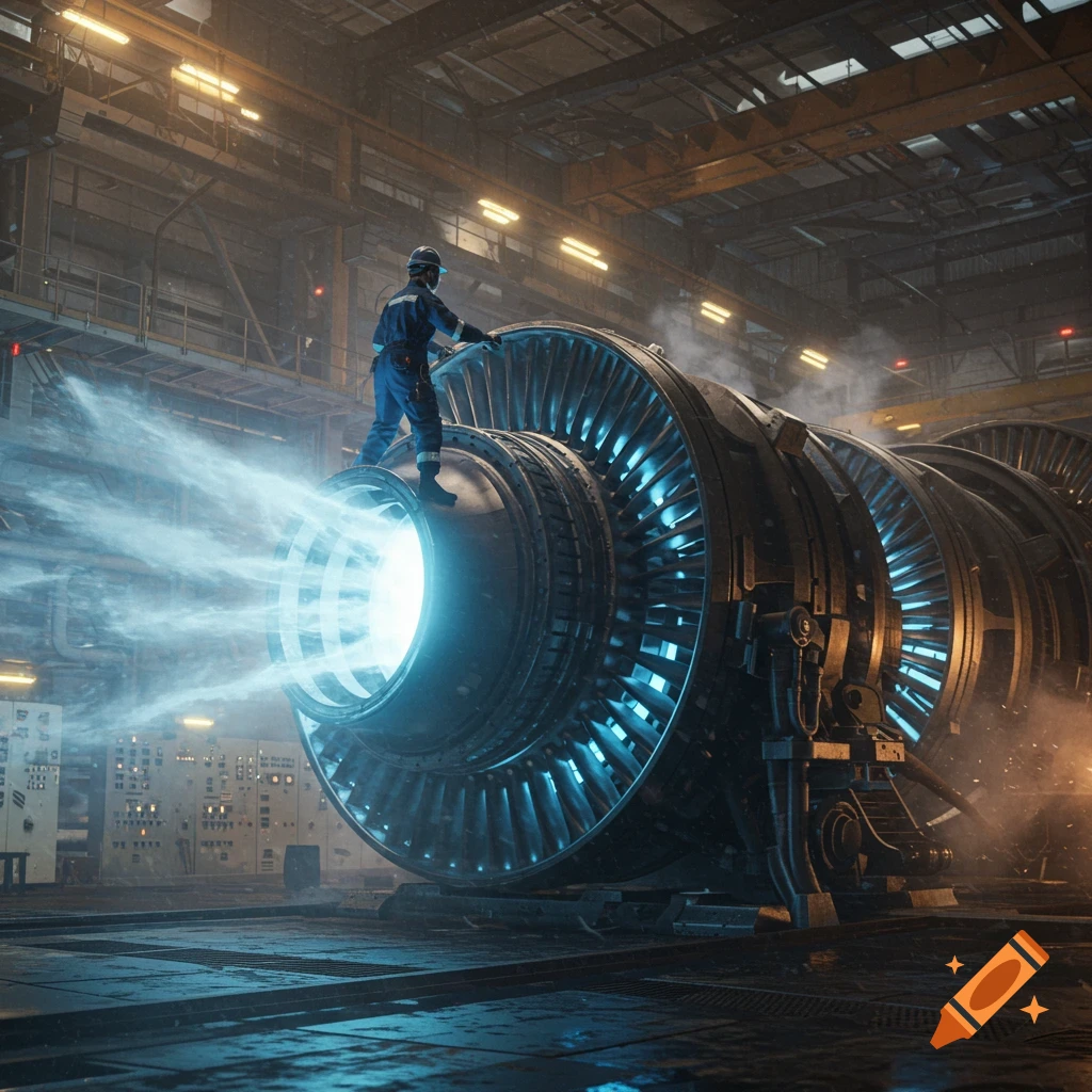 A photorealistic image of an engineer in a blue uniform and hard hat standing on a large, glowing gas turbine in a vast industrial hangar.