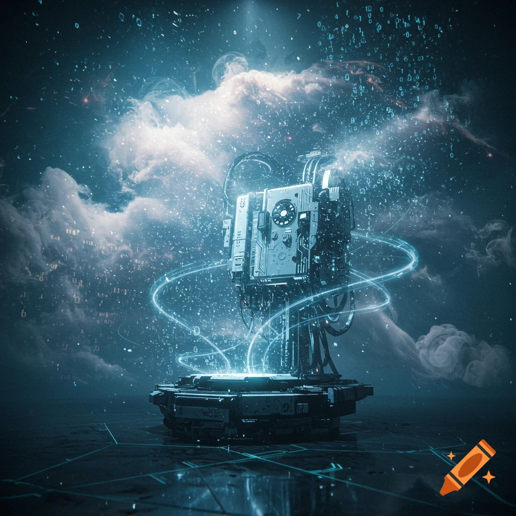 A futuristic machine with glowing blue data streams in a dark, cloudy digital space filled with binary code.