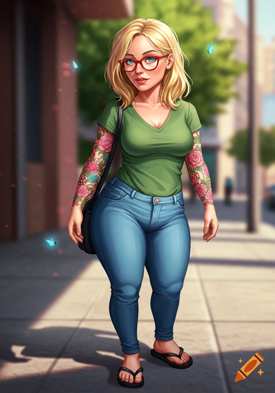 A blonde woman in red glasses, green v-neck shirt, and blue jeans, with floral tattoos on her arms, stands on a city sidewalk in an illustration style.