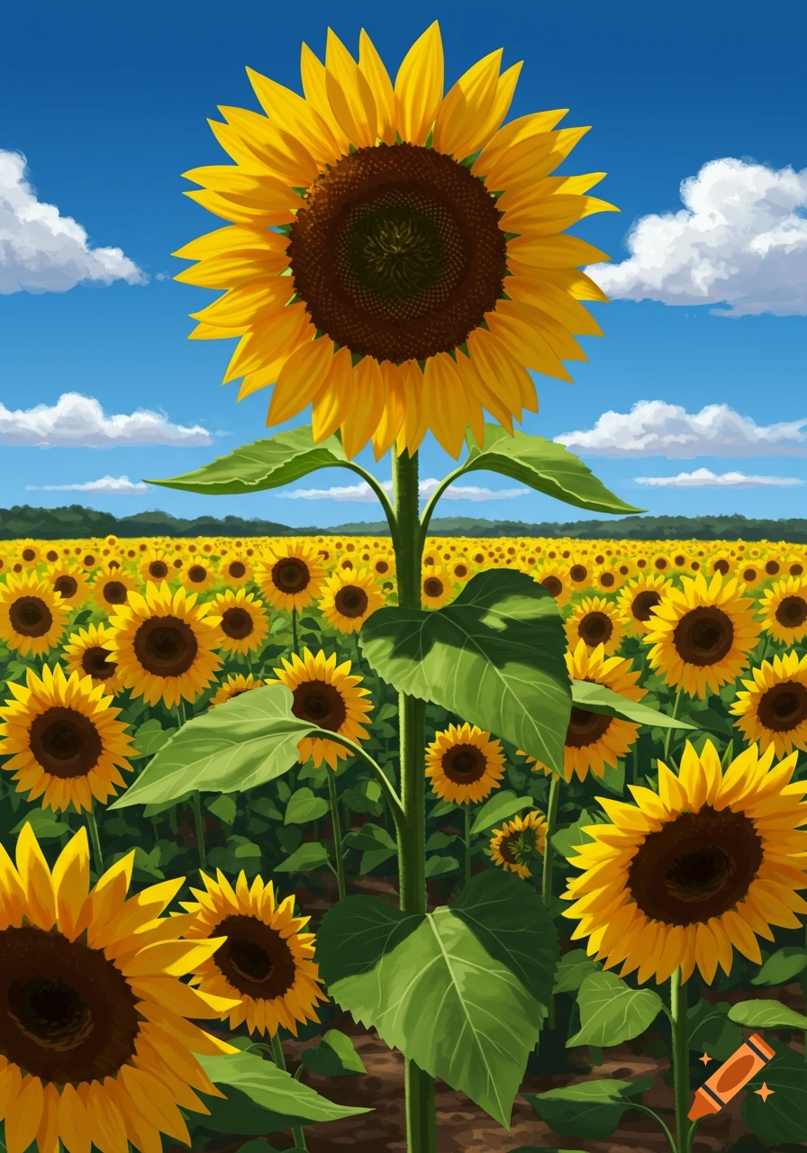 A vibrant digital painting of a tall sunflower standing in a vast field of sunflowers under a clear blue sky with white clouds.
