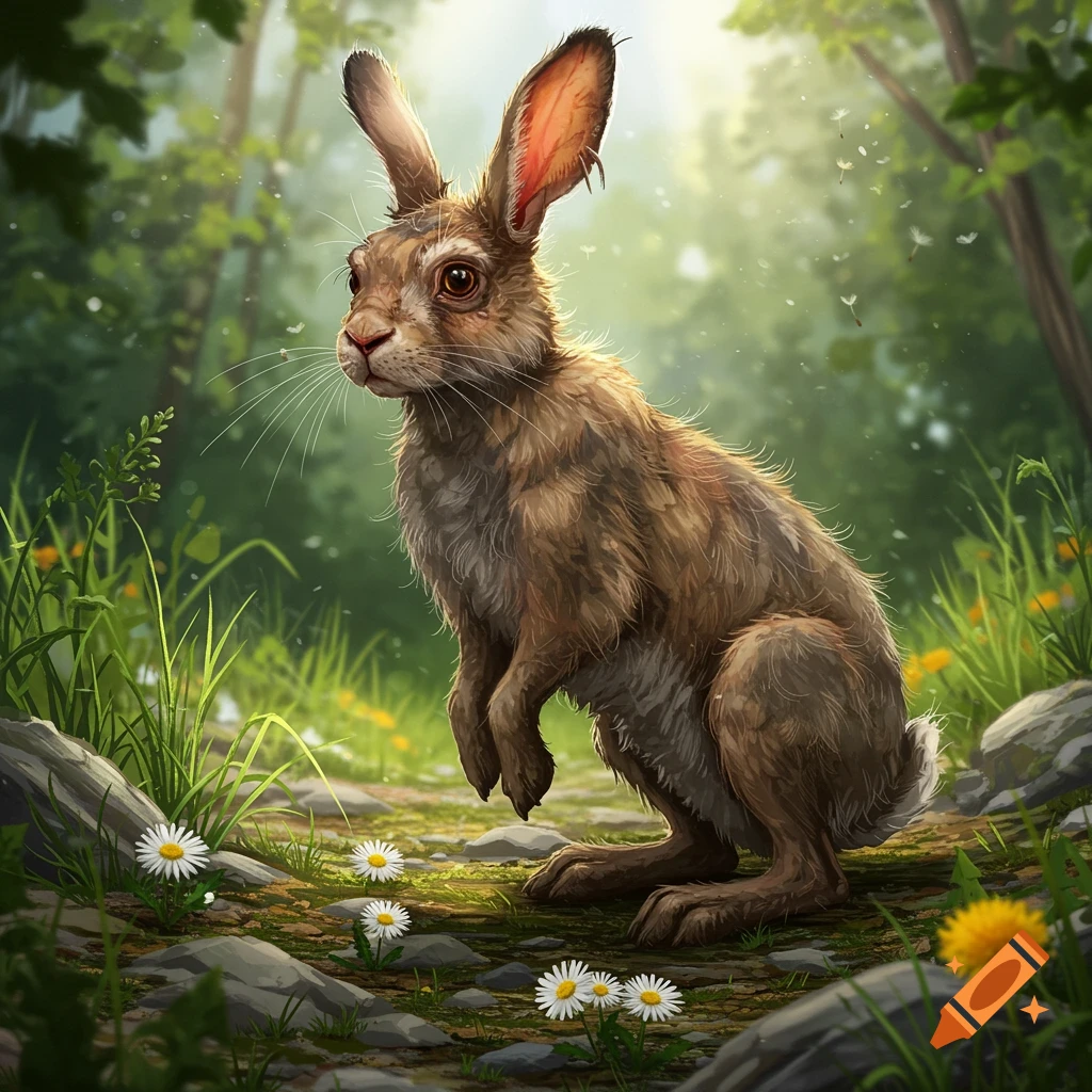 A brown rabbit stands on its hind legs in a sunlit forest clearing with green grass and white daisies.