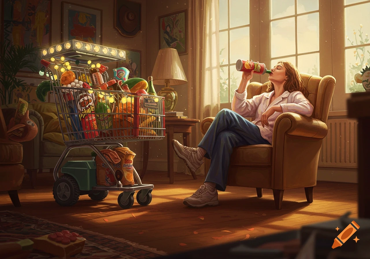 A woman relaxes in an armchair, drinking from a can, next to a brightly lit shopping cart overflowing with groceries in a sunlit living room, in a detailed illustrative style.