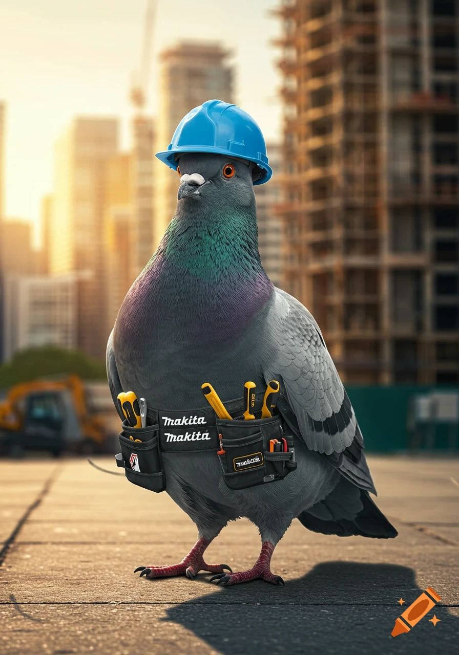 A photorealistic pigeon wearing a blue hard hat and a black tool belt with various tools, standing on a paved surface at a construction site.