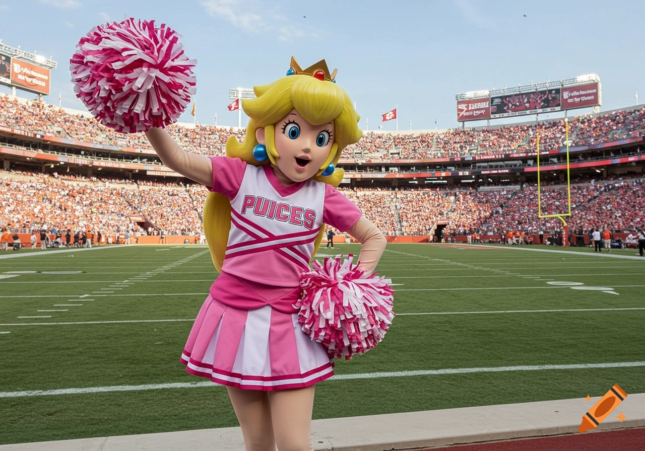 A photorealistic image of a Princess Peach mascot in a pink cheerleading uniform cheering on a football field during a game.