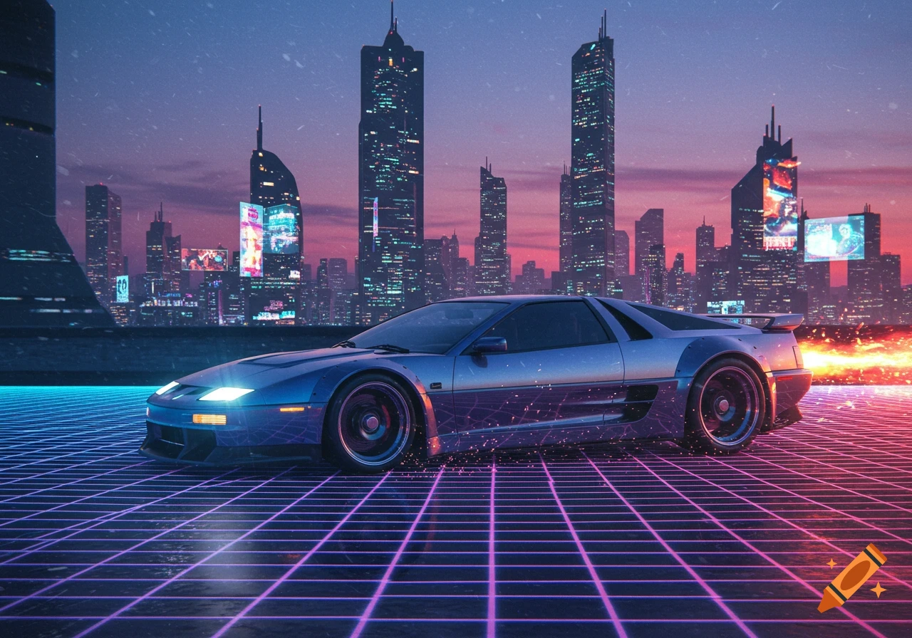 A sleek blue futuristic sports car on a glowing grid road against a cyberpunk cityscape at sunset in a synthwave style.