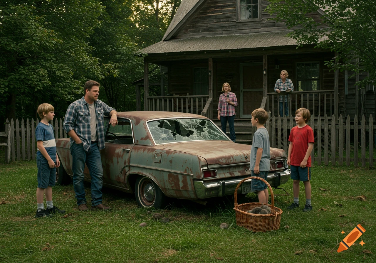 A photorealistic image of a family standing in a rural yard with a rundown house and a rusty car with a shattered back window. Two boys stand near the car, a man leans on it, and two women are on the porch. A wicker basket with rats is near the car.