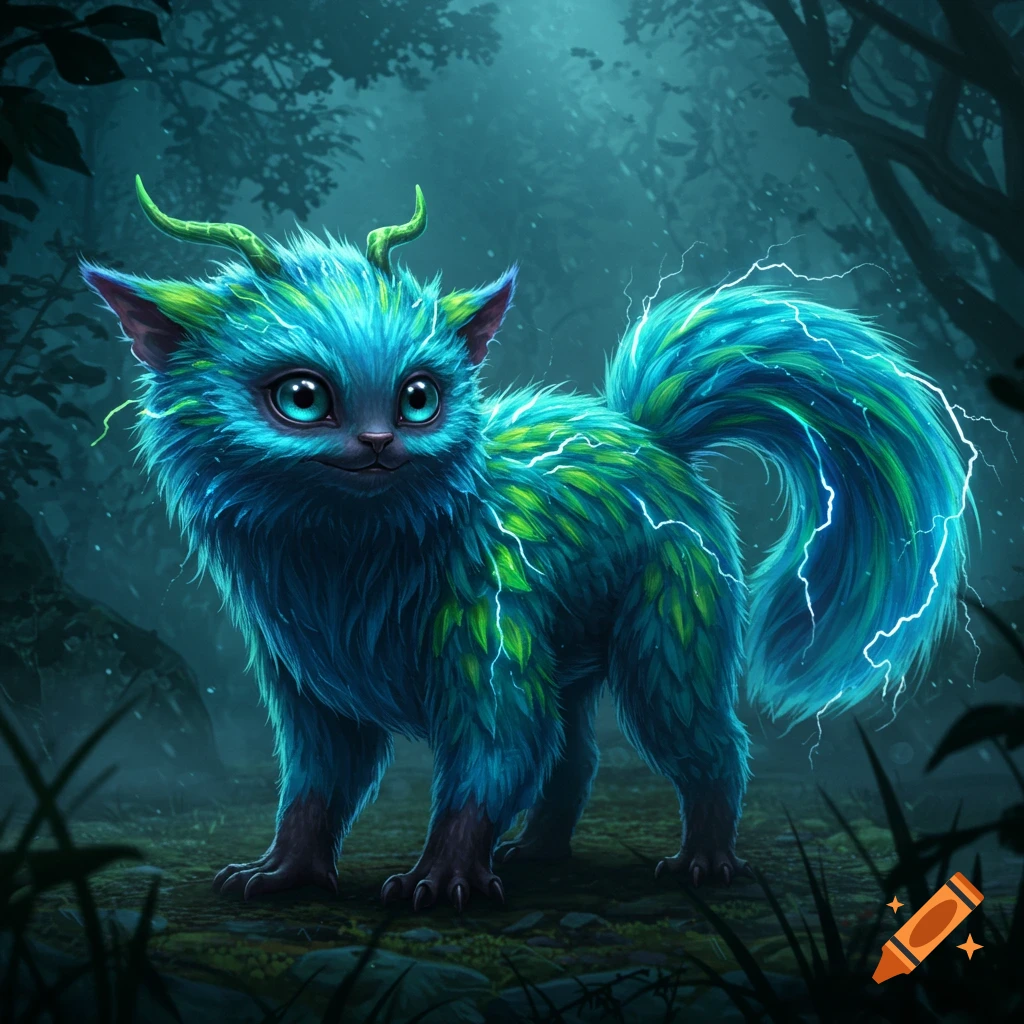 A vibrant, fluffy blue and green cat-like creature with large eyes and horns stands in a dark forest with electricity sparking from its tail. Digital art.
