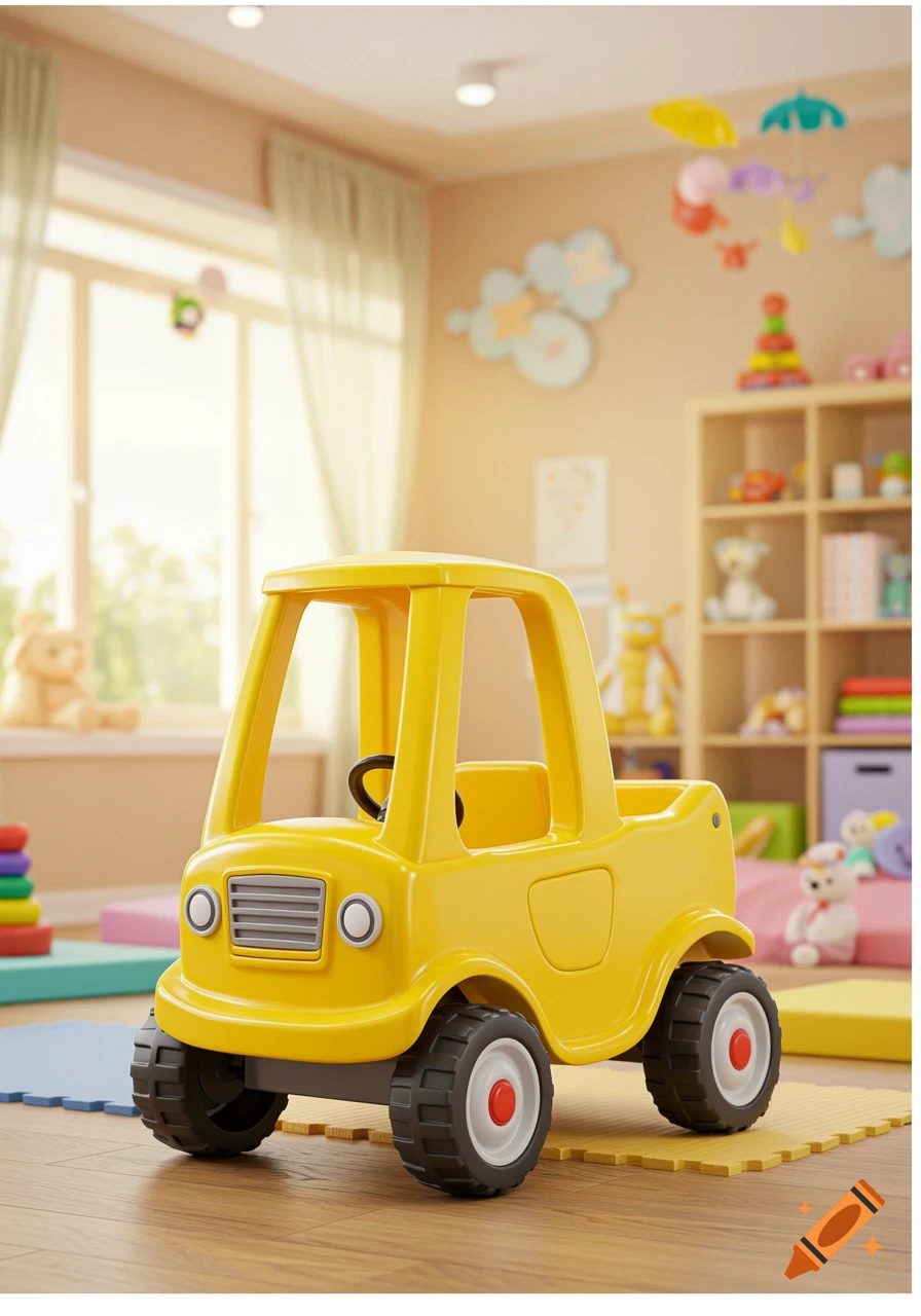 A yellow toy truck sits on puzzle mats in a bright, sunlit children's room with toys.