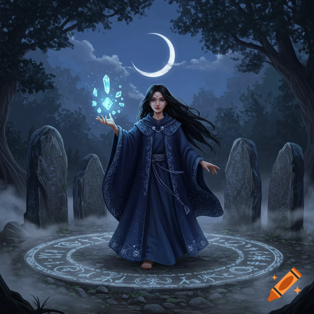 A young sorceress in a dark blue cloak casts a spell with glowing crystals in a moonlit forest circle of standing stones.
