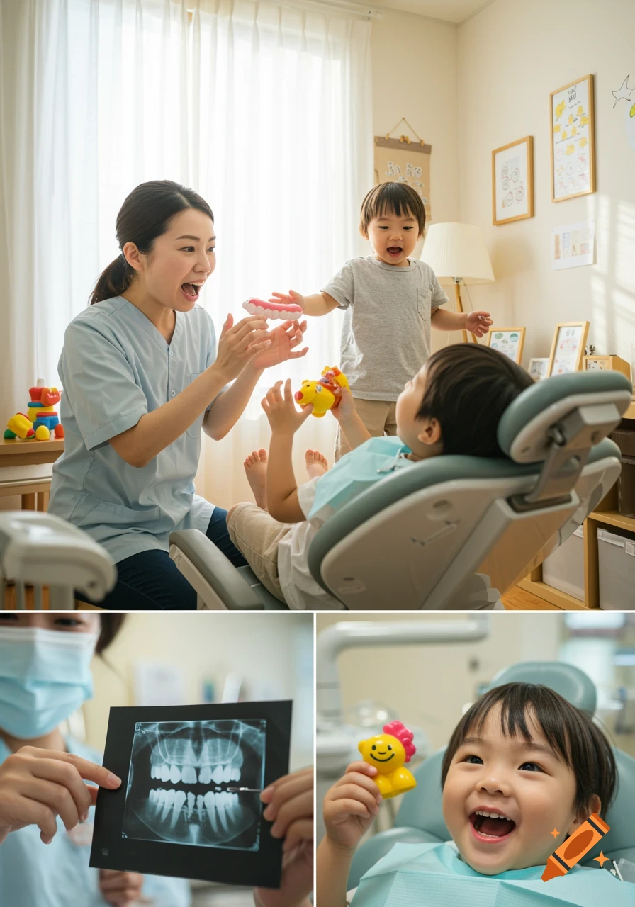 Female dentist interacts with two young children at a dental clinic, one in a chair, one standing, with a dental X-ray visible. Photorealistic.