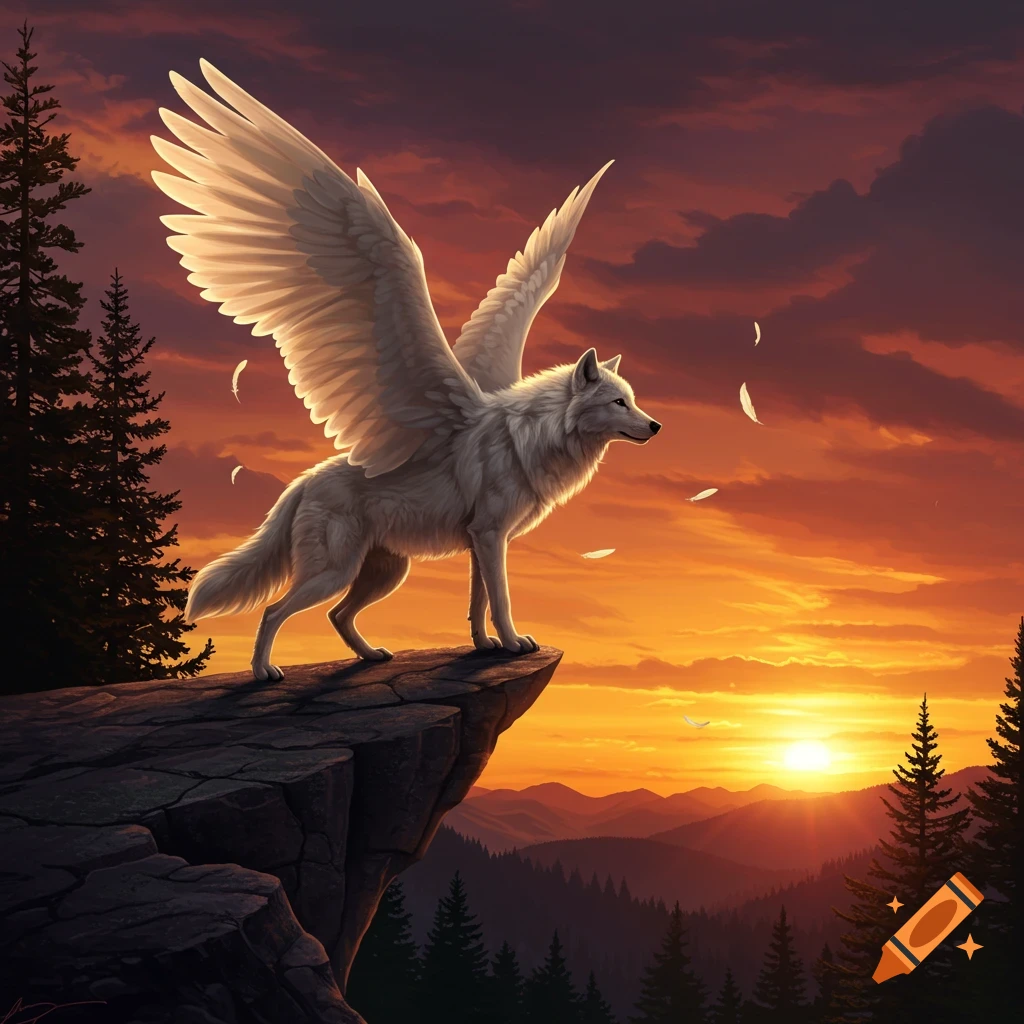 A majestic white winged wolf stands on a rocky cliff, gazing out over a mountainous landscape at a vibrant orange sunset.