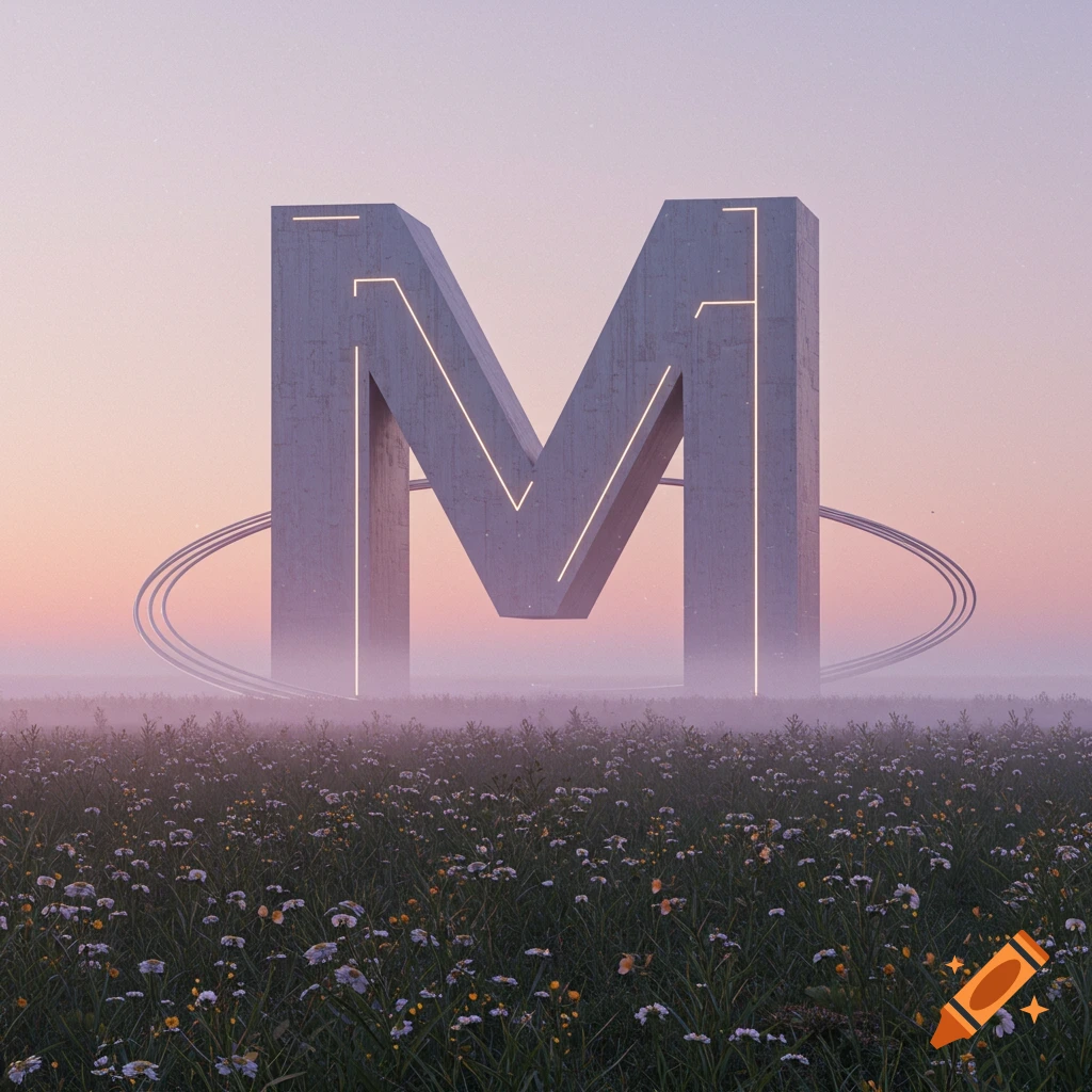 A giant concrete letter M with glowing lines floats in a misty field of flowers under a pastel sky with orbiting rings.
