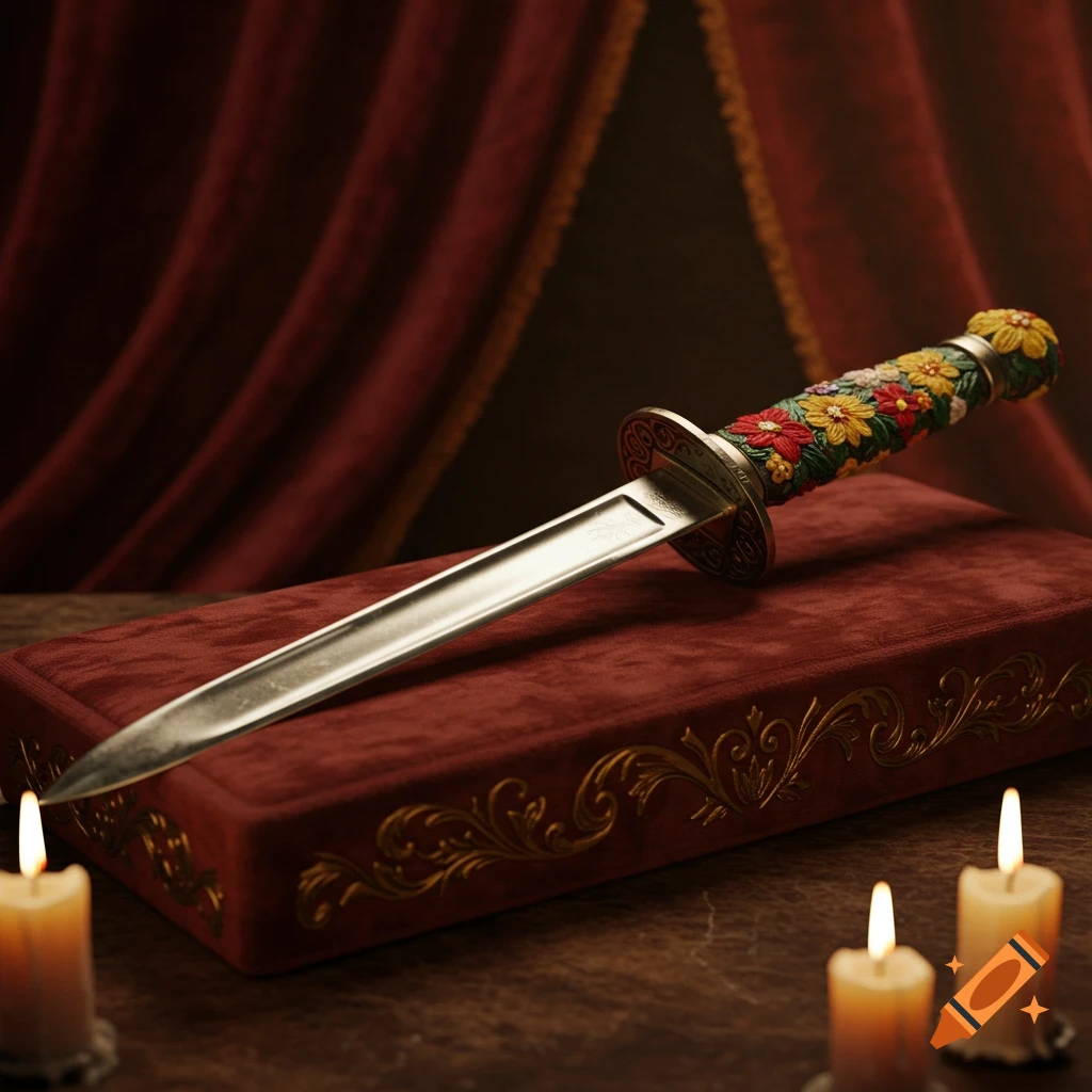 A decorative dagger with a hilt covered in colorful embroidered flowers rests on a red velvet book, flanked by lit candles.