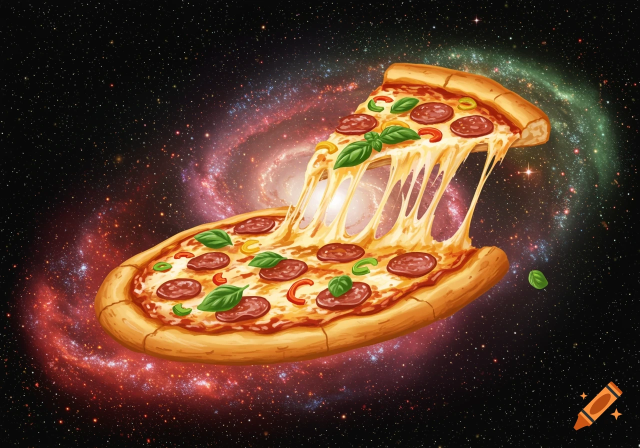 A stylized image of a large, cheesy pizza floating in outer space, with a slice being pulled away, showing long strands of melting cheese against a backdrop of a colorful galaxy.
