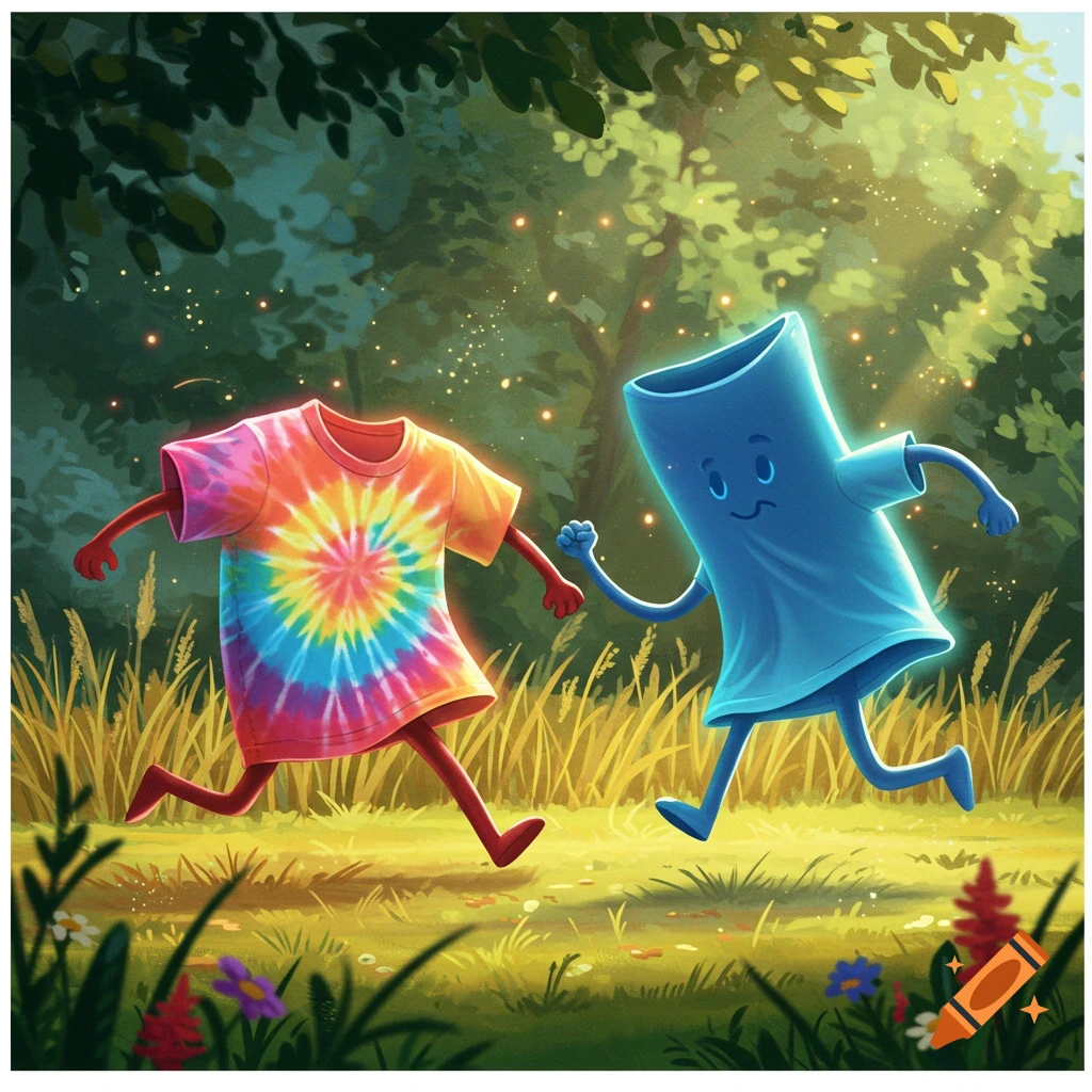 Two anthropomorphic t-shirts, one tie-dye and one blue, running through a sunny, grassy forest.
