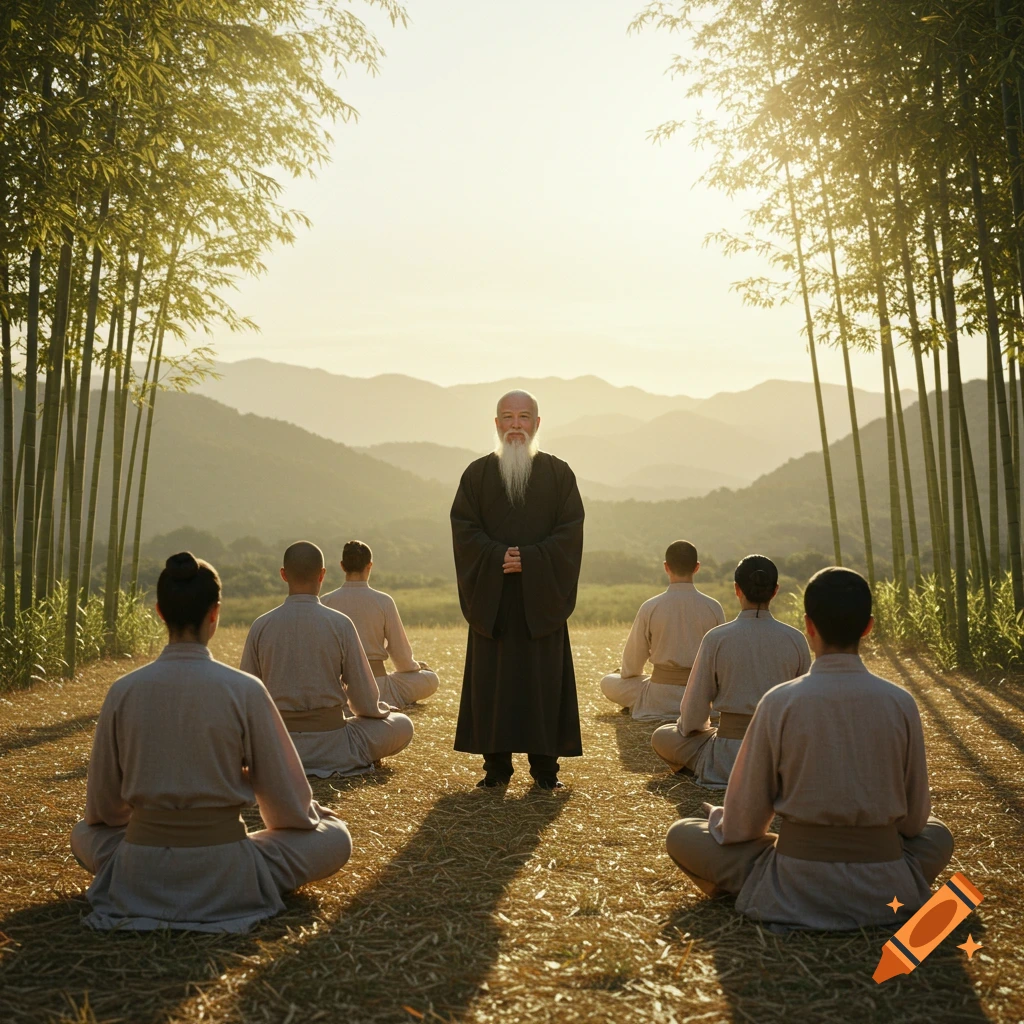 A bearded Daoist master stands before meditating students in a sunlit bamboo forest with mountains in the background, photorealistic style.