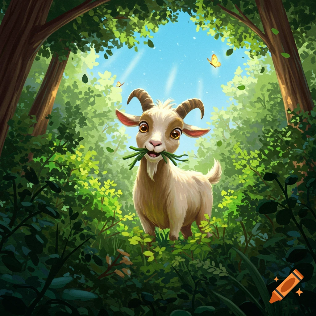 A cute, cartoon goat stands in a lush, sunlit forest, eating green leaves with butterflies fluttering around.