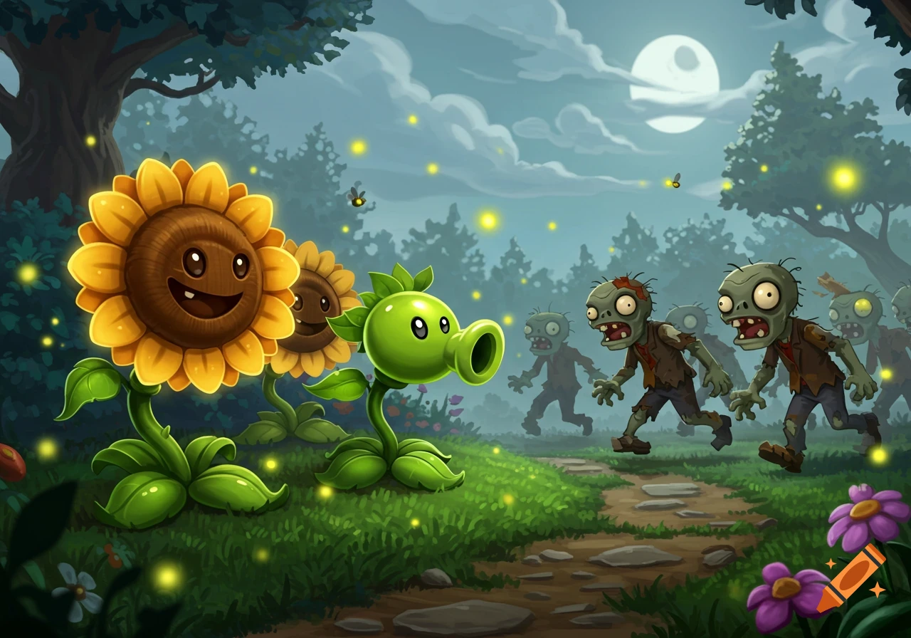 Cartoon sunflowers and a peashooter stand in a moonlit forest as zombies run towards them.
