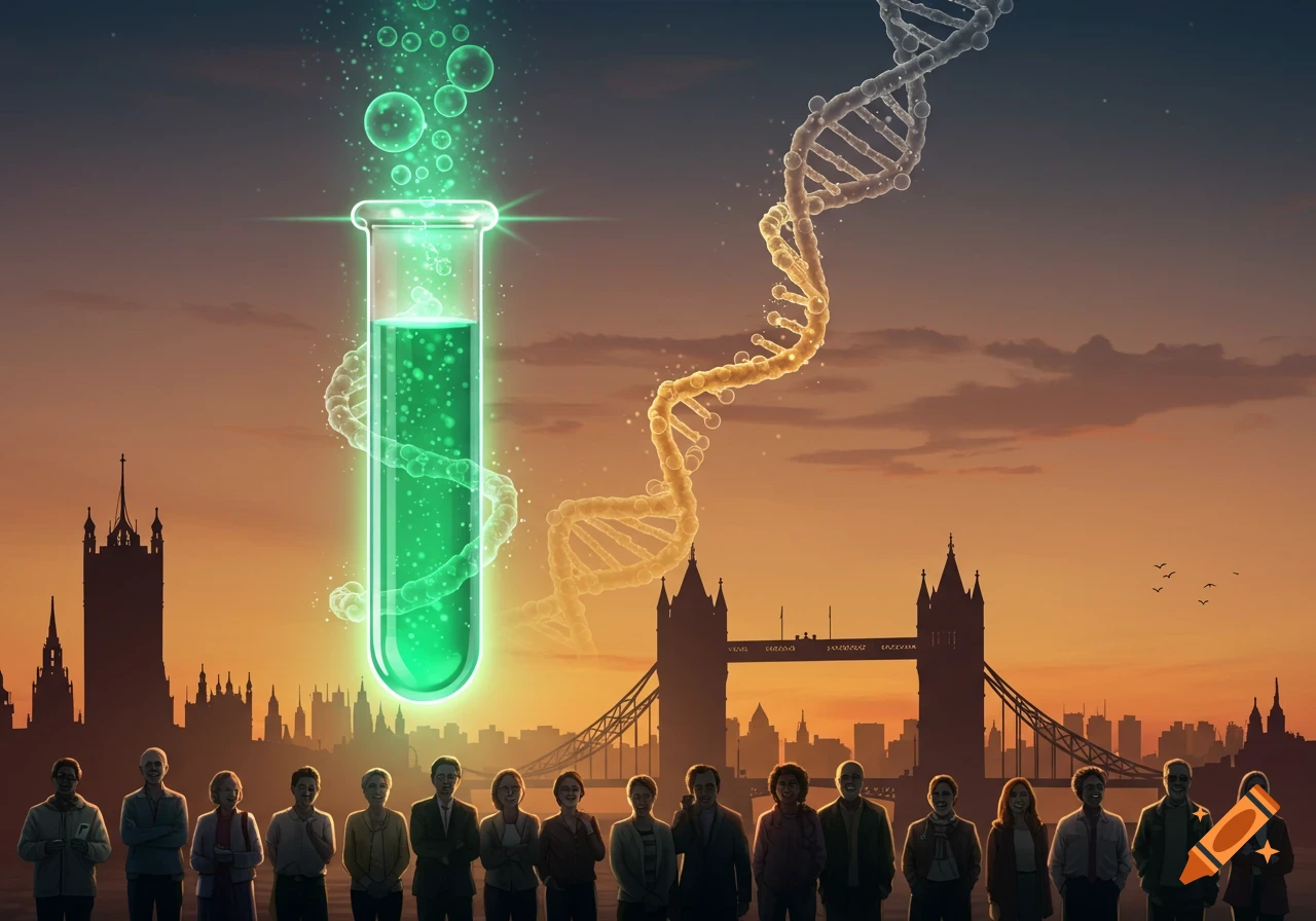 An illustration of a glowing test tube and DNA strand towering over a diverse group of people and a silhouetted London skyline at sunset.